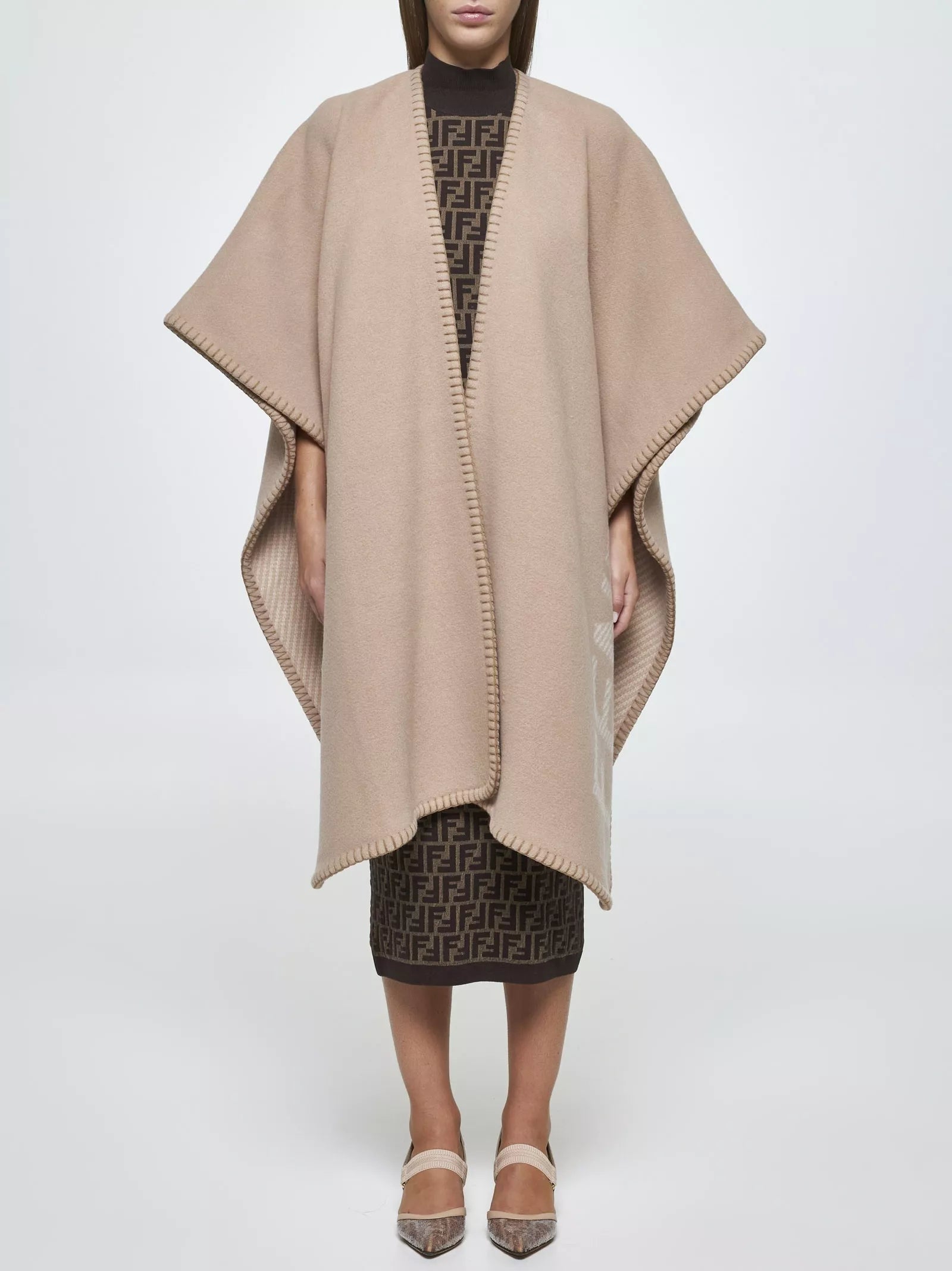 Fendi Beige Wool and Cashmere Logo Poncho