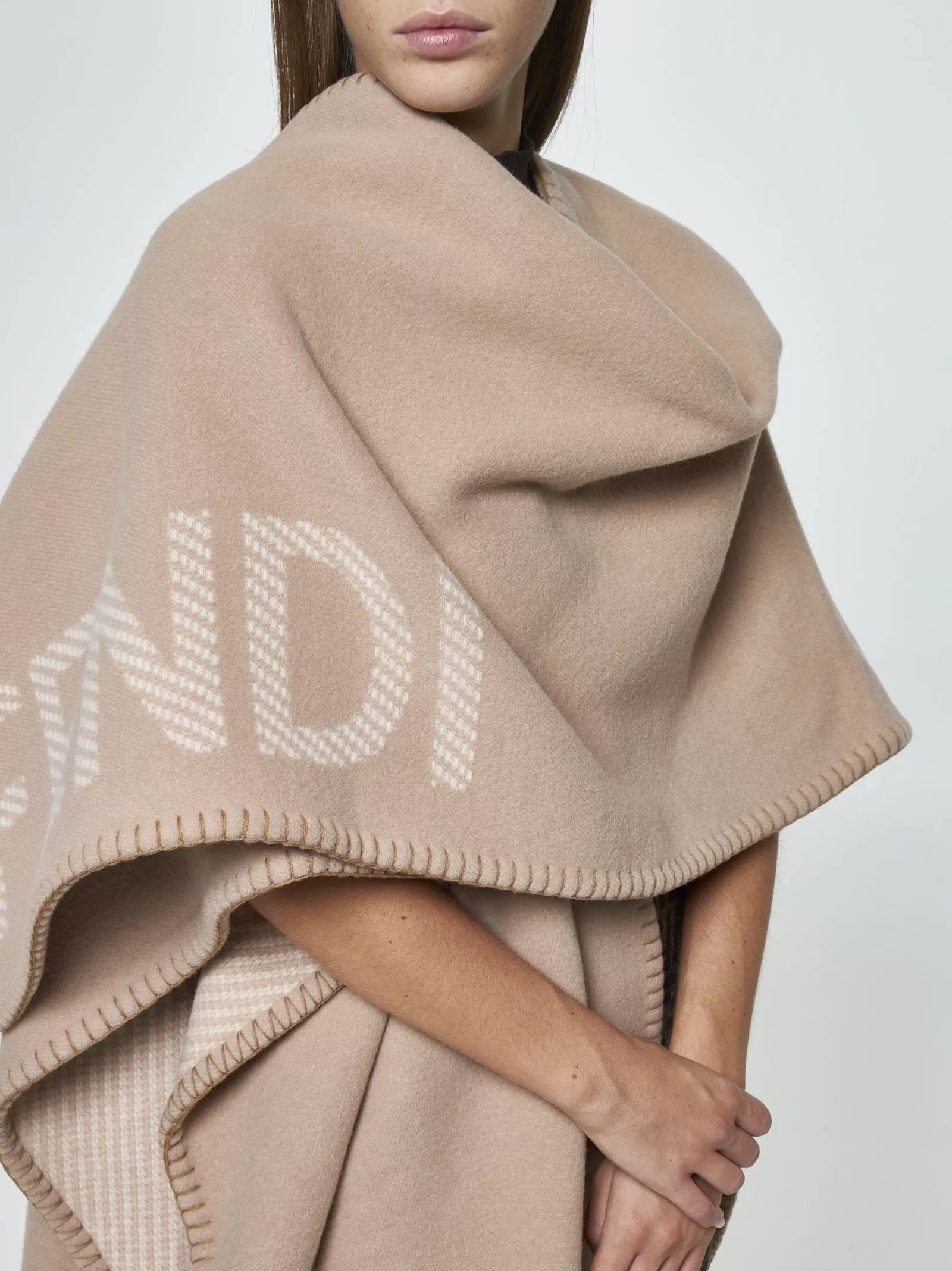 Fendi Beige Wool and Cashmere Logo Poncho