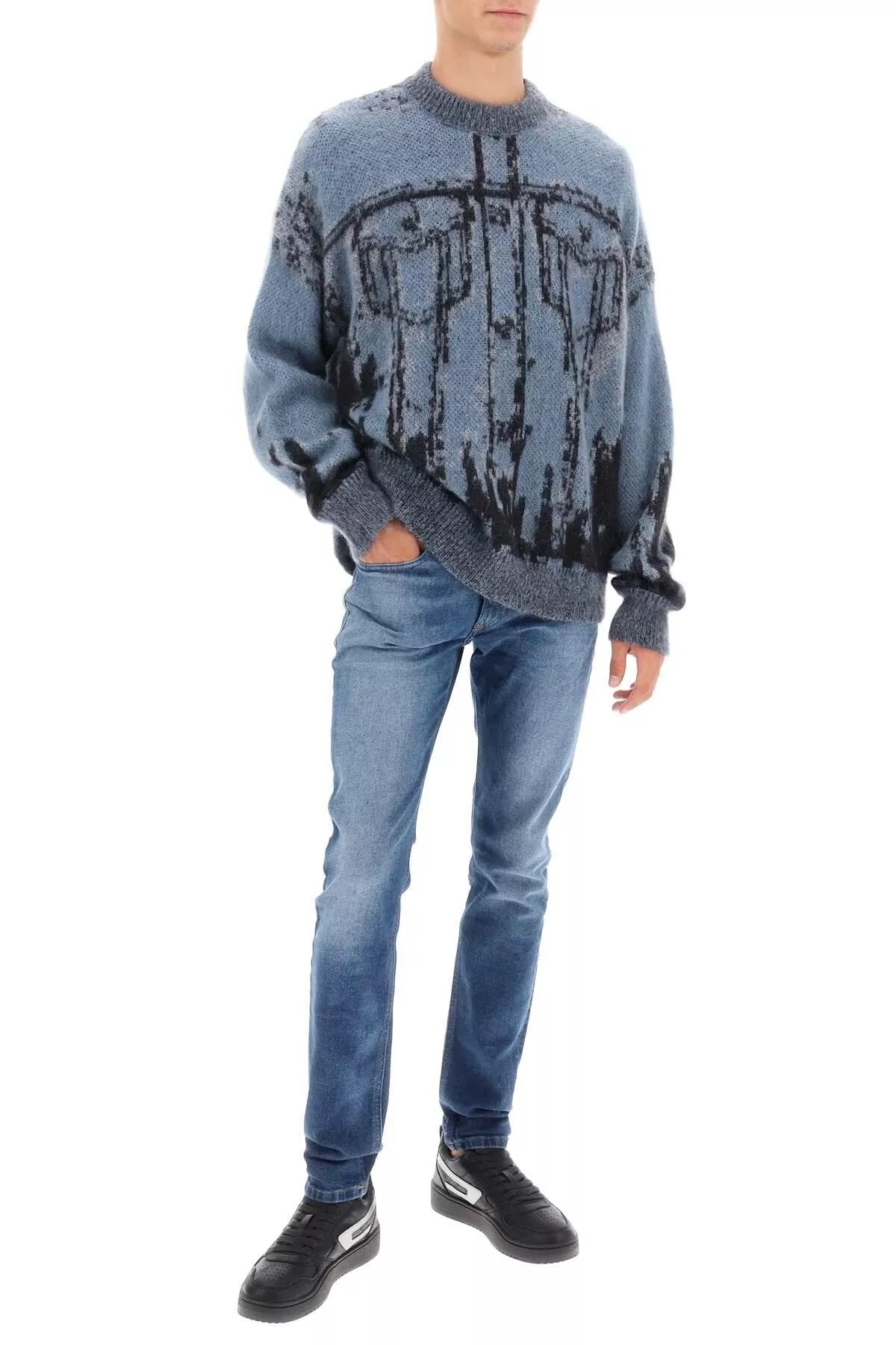 Diesel Men’s Light Blue Knitwear Sweater – Round Neck Long Sleeve